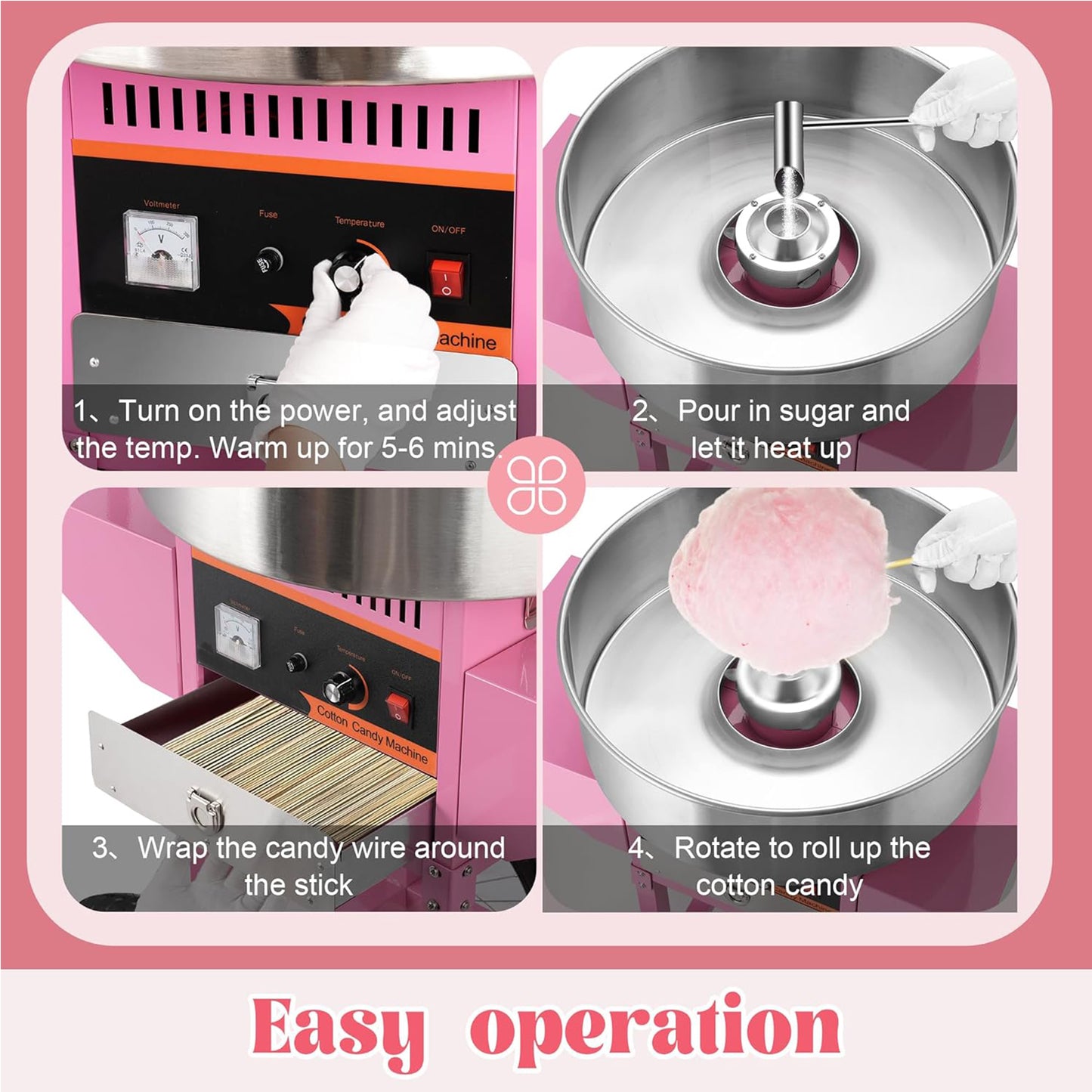 Commercial 1000W Electric Cotton Candy Maker Stainless Steel Bowl Sugar Scoop Storage Drawer for Family Parties Kids Birthday