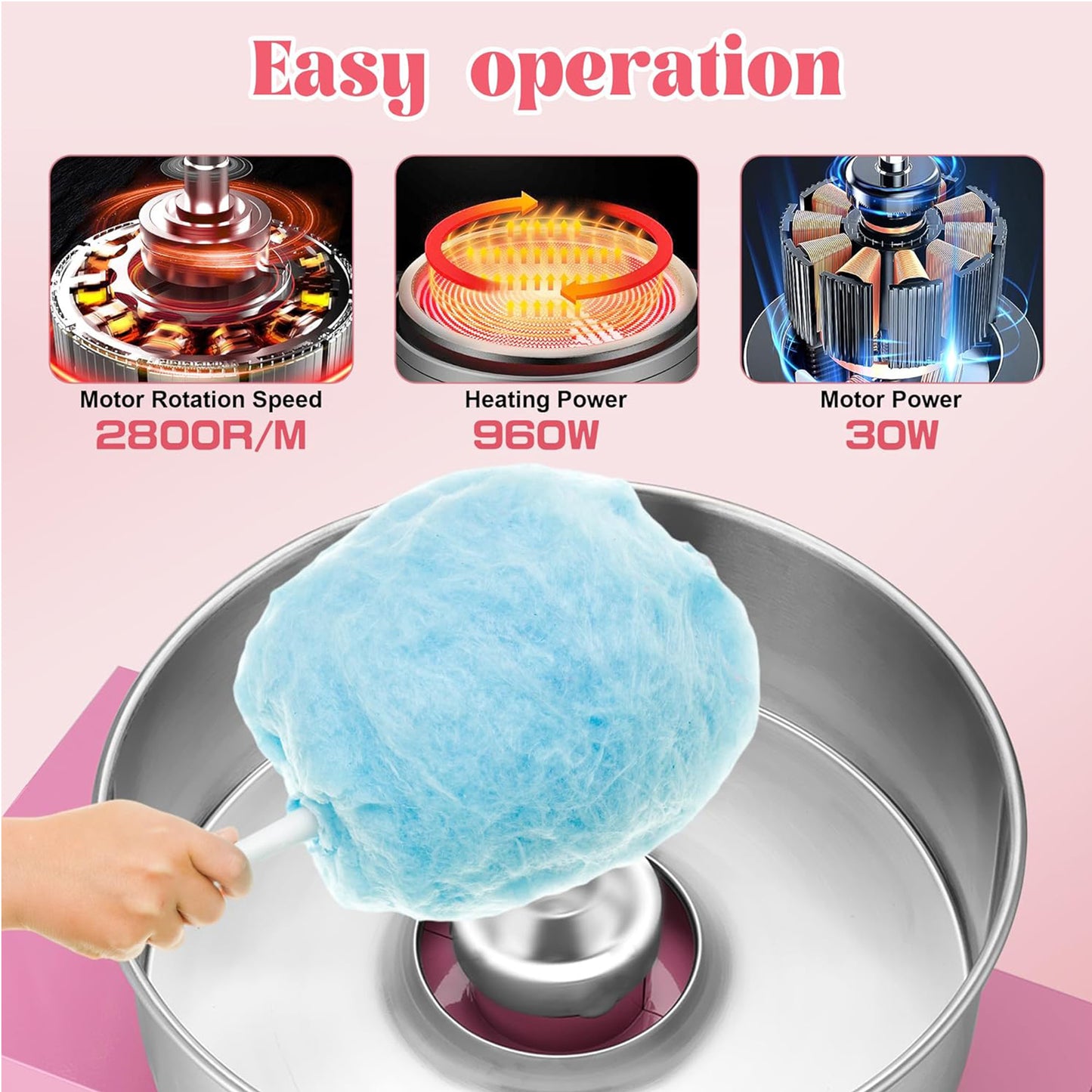 Commercial 1000W Electric Cotton Candy Maker Stainless Steel Bowl Sugar Scoop Storage Drawer for Family Parties Kids Birthday