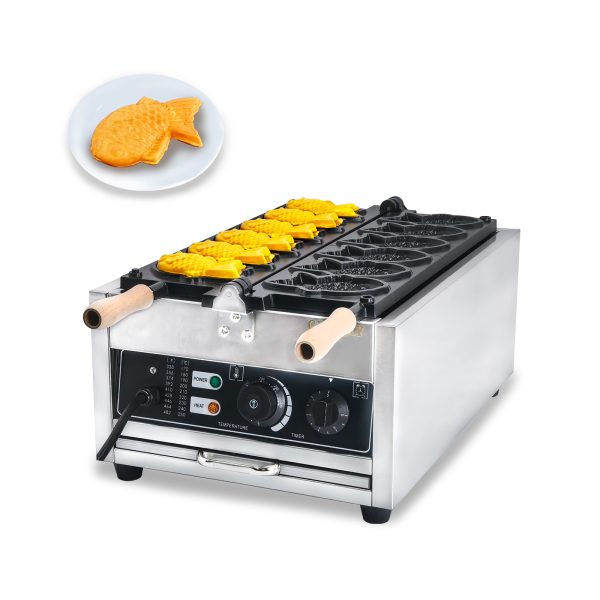 Commercial Stainless Steel 6pcs Taiyaki Fish Waffle Maker Non-Stick Teflon Coating 50-300℃/122-572℉ Adjustable Snack Machine