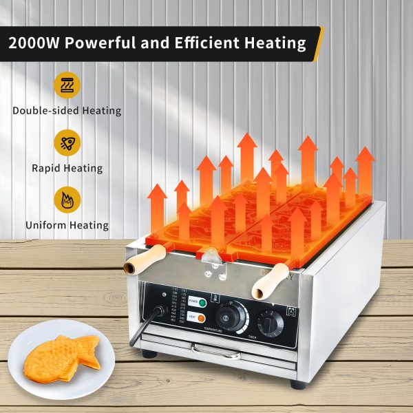 Commercial Stainless Steel 6pcs Taiyaki Fish Waffle Maker Non-Stick Teflon Coating 50-300℃/122-572℉ Adjustable Snack Machine