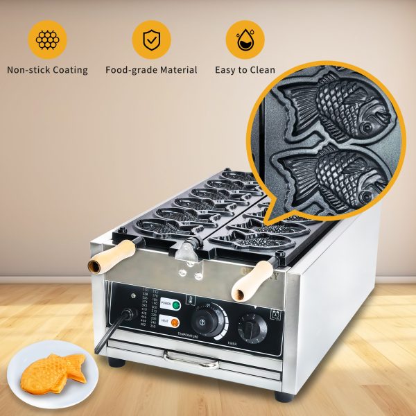 Commercial Stainless Steel 6pcs Taiyaki Fish Waffle Maker Non-Stick Teflon Coating 50-300℃/122-572℉ Adjustable Snack Machine