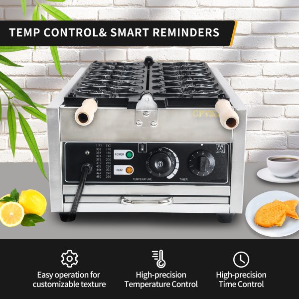 Commercial Stainless Steel 6pcs Taiyaki Fish Waffle Maker Non-Stick Teflon Coating 50-300℃/122-572℉ Adjustable Snack Machine