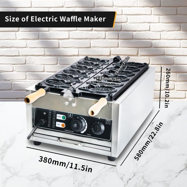 Commercial Stainless Steel 6pcs Taiyaki Fish Waffle Maker Non-Stick Teflon Coating 50-300℃/122-572℉ Adjustable Snack Machine