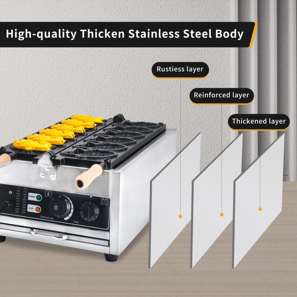 Commercial Stainless Steel 6pcs Taiyaki Fish Waffle Maker Non-Stick Teflon Coating 50-300℃/122-572℉ Adjustable Snack Machine