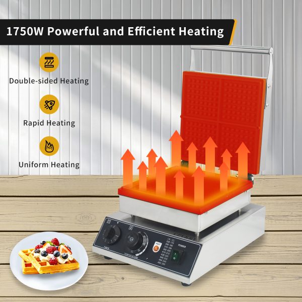 1750W Industrial Non-Stick Belgian Waffle Maker 4 Slice Snack Machine Teflon-Coated Baking Pans Stainless Steel Body 110V New