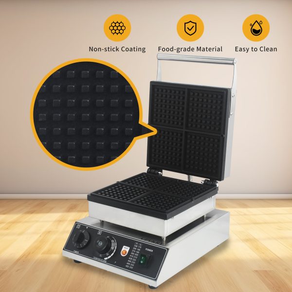 1750W Industrial Non-Stick Belgian Waffle Maker 4 Slice Snack Machine Teflon-Coated Baking Pans Stainless Steel Body 110V New