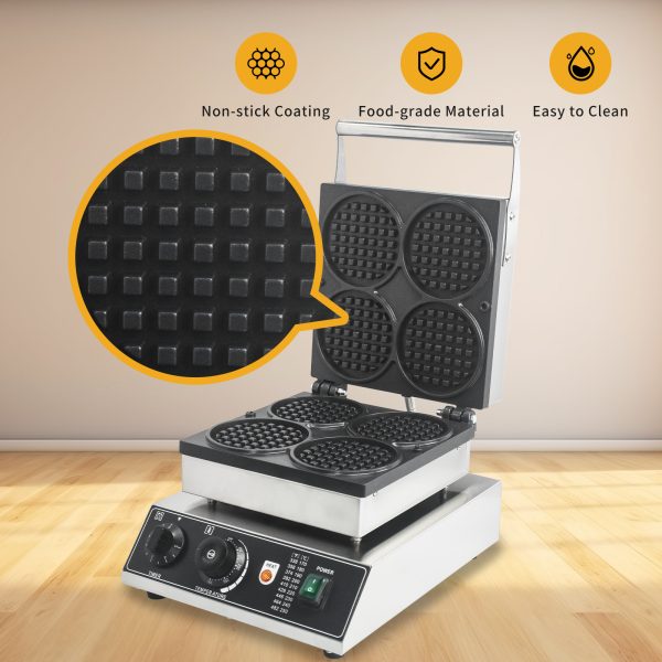 Electric 4-Piece Stainless Steel Belgian Waffle Maker Non-Stick Rectangle Shaped for Kids and Adults Breakfast Household Use