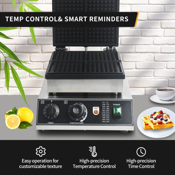 1750W Industrial Non-Stick Belgian Waffle Maker 4 Slice Snack Machine Teflon-Coated Baking Pans Stainless Steel Body 110V New