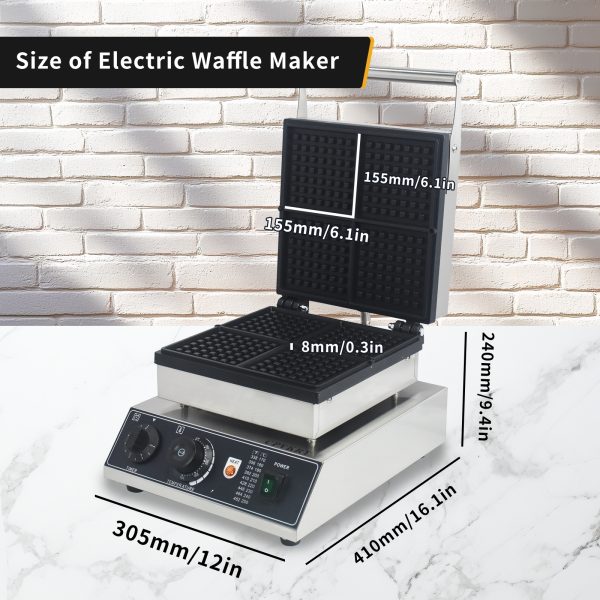 1750W Industrial Non-Stick Belgian Waffle Maker 4 Slice Snack Machine Teflon-Coated Baking Pans Stainless Steel Body 110V New