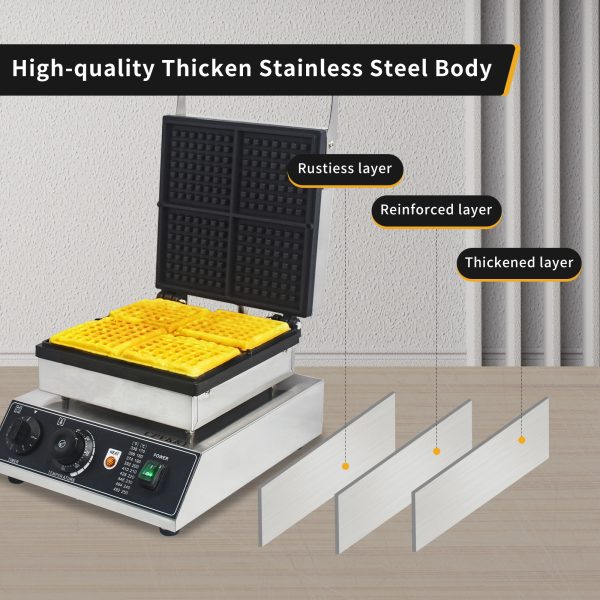 1750W Industrial Non-Stick Belgian Waffle Maker 4 Slice Snack Machine Teflon-Coated Baking Pans Stainless Steel Body 110V New