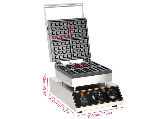 Commercial 4-Slice Nonstick Stainless Steel Square Waffle Maker with Temperature & Time Control 50~300℃ for Snacks New Condition