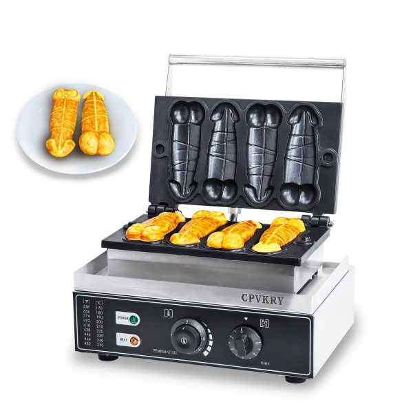 Adjustable 50-300℃/122-572℉ Non-Stick Teflon Coating Penis Shape Waffle Maker & Hotdog Maker 4 Snack Machine Molds
