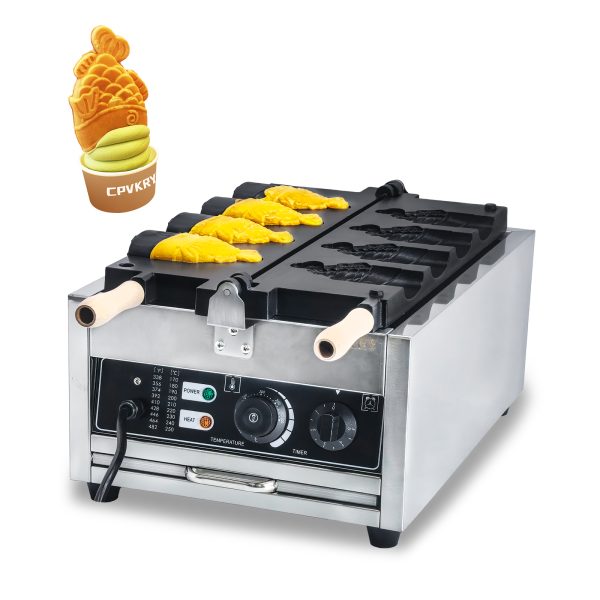 Commercial 2KW Stainless Steel Taiyaki Waffle Maker New Design 4 Fishes & Ice Cream Filling Snack Machine Adjustable Temperature