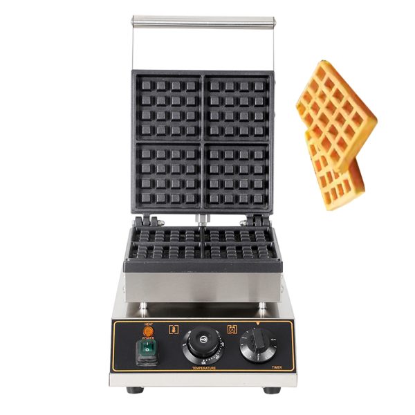 Commercial 4-Slice Nonstick Stainless Steel Square Waffle Maker with Temperature & Time Control 50~300℃ for Snacks New Condition