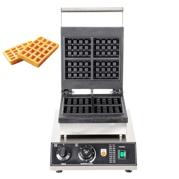 Commercial 110/220V 4pcs Square Belgian Waffle Maker Iron Non-Stick for Teflon Coating 50-300℃ Adjustable Snack Machine New