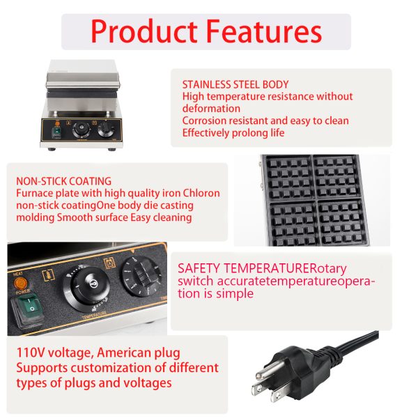 Commercial 4-Slice Nonstick Stainless Steel Square Waffle Maker with Temperature & Time Control 50~300℃ for Snacks New Condition
