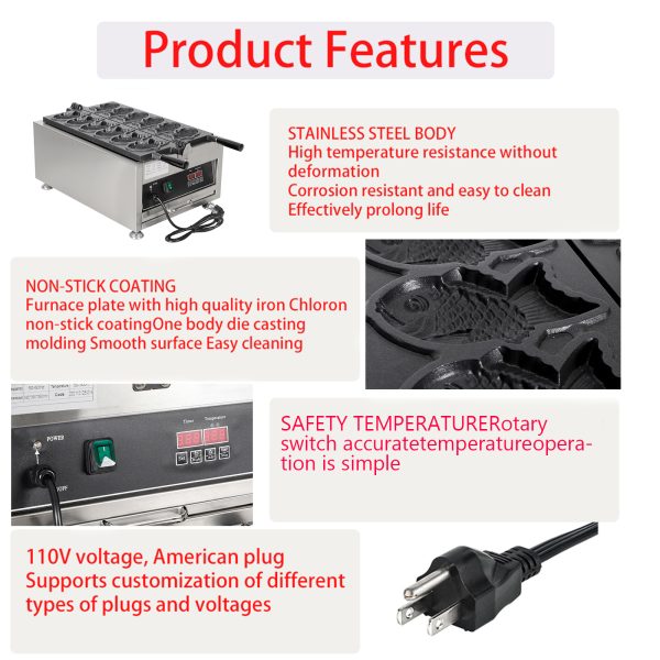 Product Name LED Taiyaki Model FY-1101A Power 2000W Frequency 50/60Hz Timer 0-9 Minutes Voltage 220V-240V OR 110V
