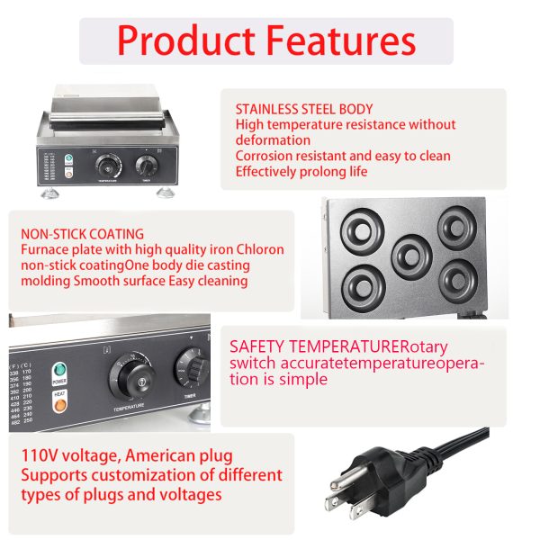Commercial Electric 5-Hole Double-Sided Waffle Donut Maker Non-Stick Surface Temperature Range 122-572℉ for Restaurants New