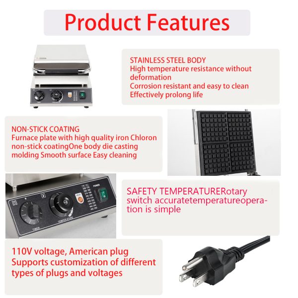 Commercial 4pcs Stainless Steel Rectangle Waffle Maker Non-Stick Industrial Belgian Waffle Iron Temperature Time Control New