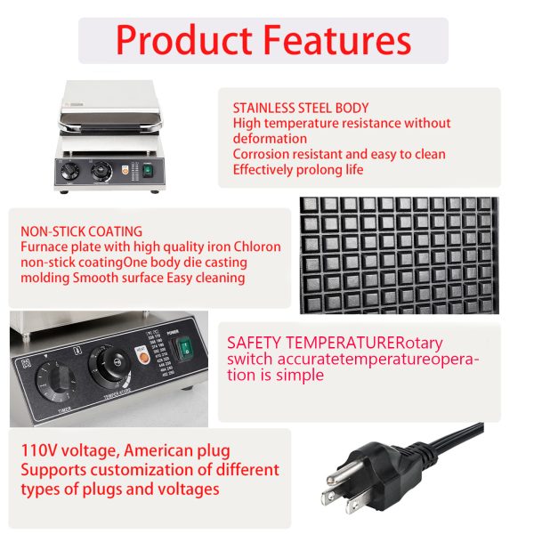 Commercial Big 1-Slice Square Waffle Maker Non-Stick Belgian Design Waffle Snack Maker for Fun Kids and Adults Breakfast
