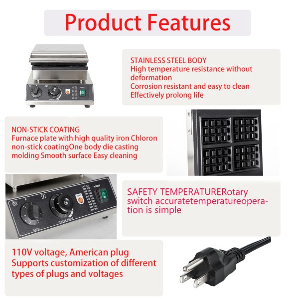 Commercial 110/220V 4pcs Square Belgian Waffle Maker Iron Non-Stick for Teflon Coating 50-300℃ Adjustable Snack Machine New