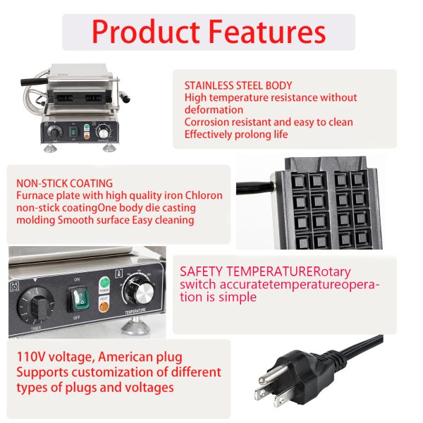 Electric Stainless Steel 110/220V Mini Square Donuts Shaped 2-plate Dutch Pancakes Baker Machine for Restaurants Kitchen Snack