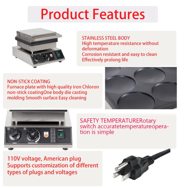 1750W Commercial Electric Poffertjes Grill 9PCS 2.7in Diameter Dorayaki Baker Machine Non-Stick for Snack New