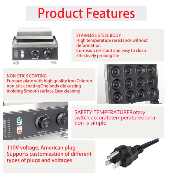 110v/220v Commercial Electric Donut Machine 12 Hole Mini Donut Machine with Non-Stick Coating Snack Machine