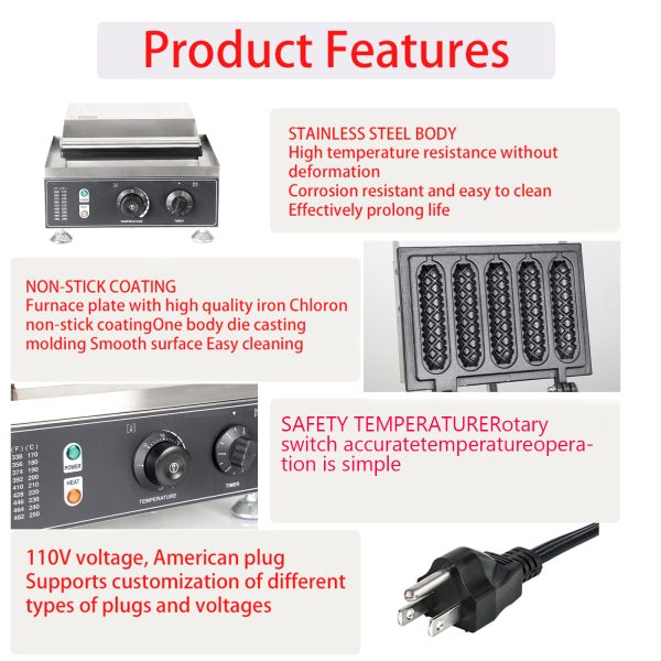 Commercial 1550W Electric Lolly Stick Waffle Maker 5 Slice Non-Stick Stainless Steel Machine Snack Corn Dog Crispy Waffle Maker