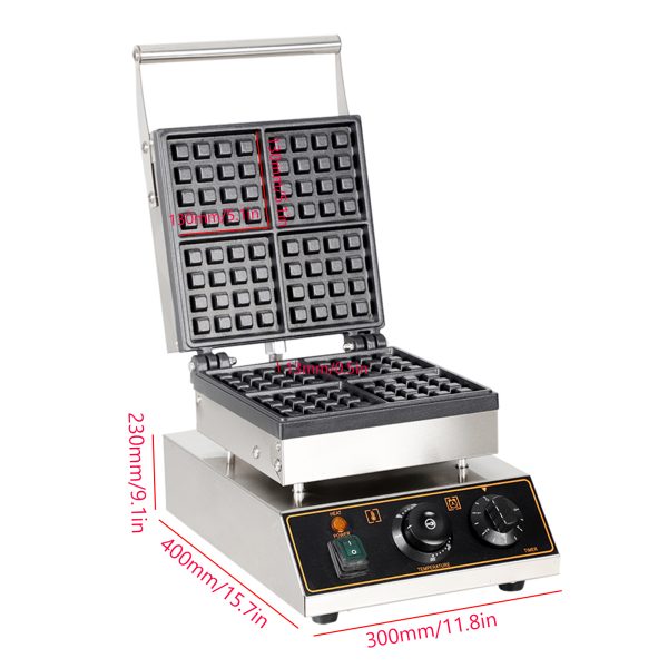 Commercial 4-Slice Nonstick Stainless Steel Square Waffle Maker with Temperature & Time Control 50~300℃ for Snacks New Condition