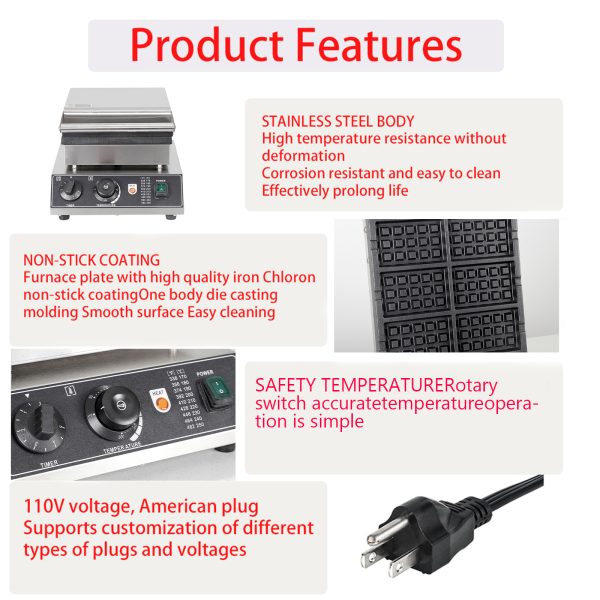 Commercial 110V/220V Stainless Steel Non-Stick Waffle Maker with Flip Balance Heating New Condition 6pcs Honeycomb Pop