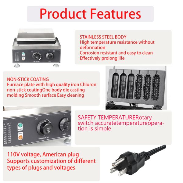 Electric 110V/220V Hot Dog Waffle Make,6 Slice Non-stick Stainless Steel Machine for China Commercial Waffle Making