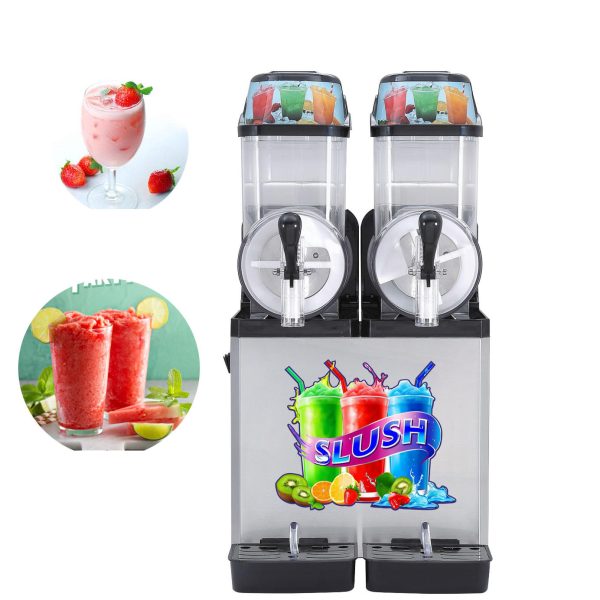 Commercial Electric 2-Tank Stainless Steel Slush Machine Automatic Frozen Drink Dispenser with 2 Flavors for Parties Hotels Use