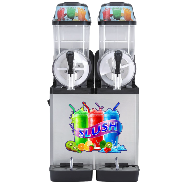 Commercial Electric 2-Tank Stainless Steel Slush Machine Automatic Frozen Drink Dispenser with 2 Flavors for Parties Hotels Use