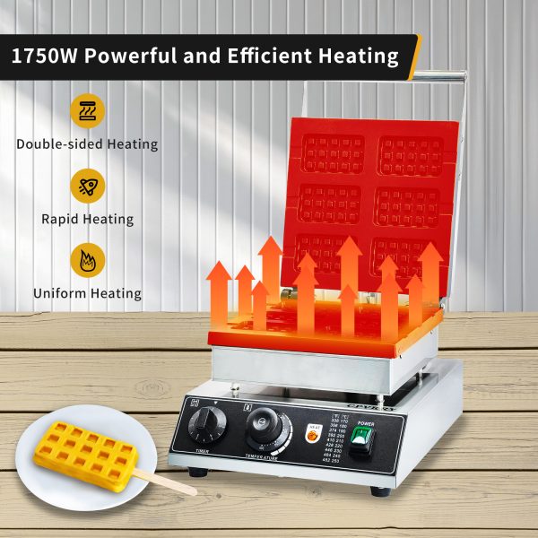 Household Hotel Use Stainless Steel Electric 6-Slice Double-Sided Waffle Maker Temperature Time Control Easy Operate for Snacks