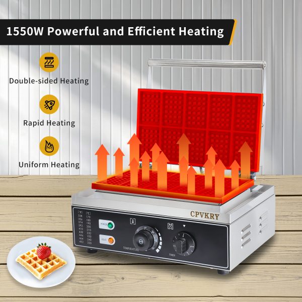 Commercial Stainless Steel Rectangle Waffle Maker 10pcs Non-Stick Industrial Belgian Waffle Iron 110/220V Temp Time Snack