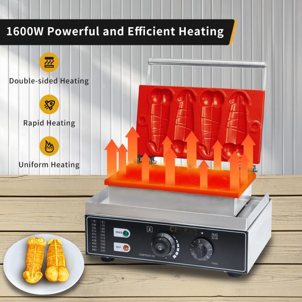 Adjustable 50-300℃/122-572℉ Non-Stick Teflon Coating Penis Shape Waffle Maker & Hotdog Maker 4 Snack Machine Molds