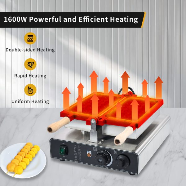 Commercial Double-Heating Stainless Steel Bubble Waffle Stick Maker 3-Grid Nonstick Electric Waffle Snack Machine Condition New