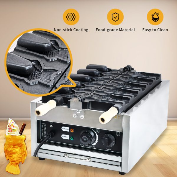 110V Commercial Stainless Steel Taiyaki Fish Waffle Maker New 50-300℃/122-572℉ Adjustable Temperature for Ice Cream Waffles