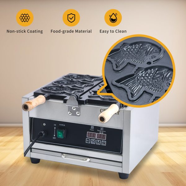 LED Professional Electric 110V Japanese Taiyaki Waffle Iron Machine Non-Stick Teflon Coating Intelligent 3 Pcs Fish Type Snack