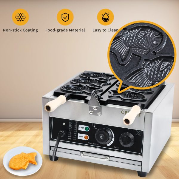 Commercial Electric Waffle Maker Nonstick 3-Piece Japanese Taiyaki Making Machine Stainless Steel Baker Teflon Coating for Snack