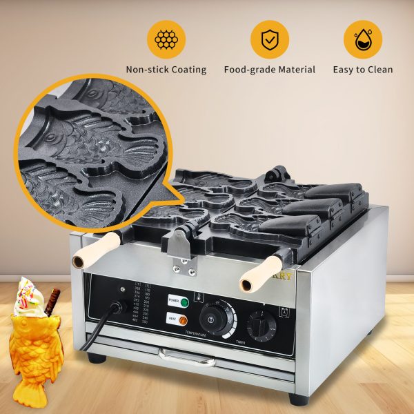 Commercial Grade Stainless Steel Electric 3-Fish Taiyaki Waffle Maker Non-Stick Ice Cream Filling Condition New