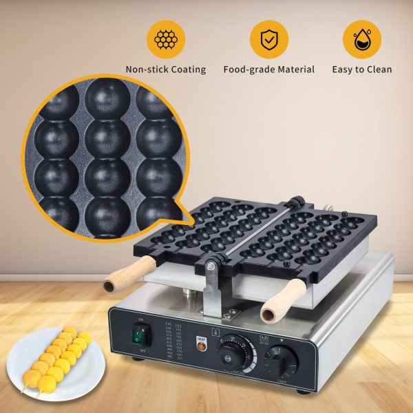 Commercial Double-Heating Stainless Steel Bubble Waffle Stick Maker 3-Grid Nonstick Electric Waffle Snack Machine Condition New
