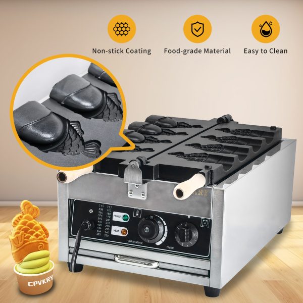 Commercial 2KW Stainless Steel Taiyaki Waffle Maker New Design 4 Fishes & Ice Cream Filling Snack Machine Adjustable Temperature