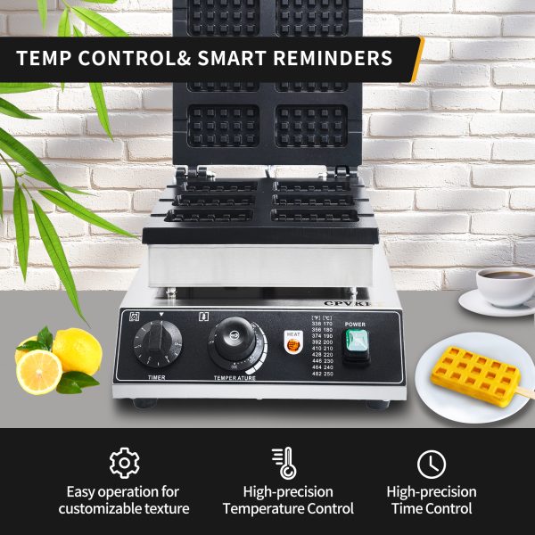 Household Hotel Use Stainless Steel Electric 6-Slice Double-Sided Waffle Maker Temperature Time Control Easy Operate for Snacks