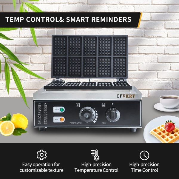 Commercial Stainless Steel Rectangle Waffle Maker 10pcs Non-Stick Industrial Belgian Waffle Iron 110/220V Temp Time Snack