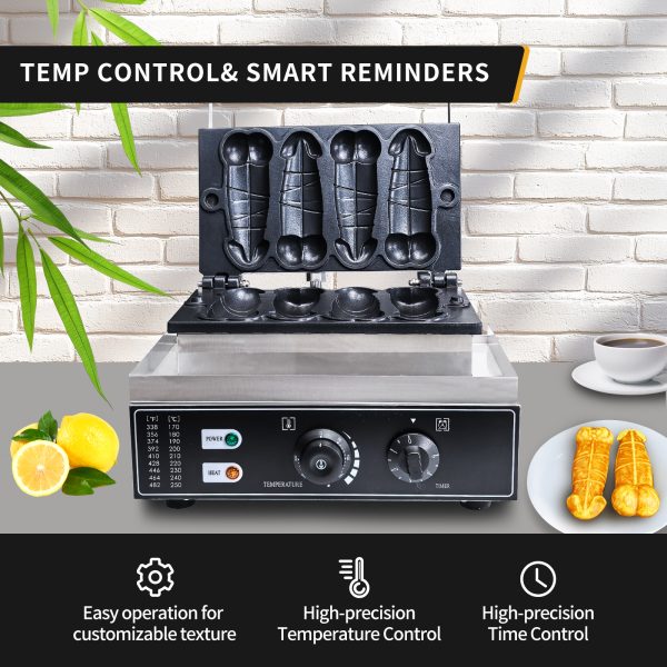 Adjustable 50-300℃/122-572℉ Non-Stick Teflon Coating Penis Shape Waffle Maker & Hotdog Maker 4 Snack Machine Molds