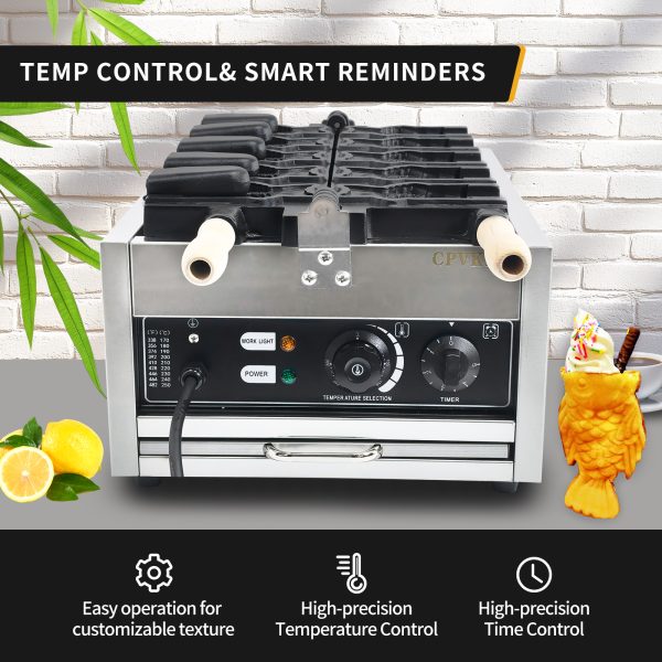 110V Commercial Stainless Steel Taiyaki Fish Waffle Maker New 50-300℃/122-572℉ Adjustable Temperature for Ice Cream Waffles