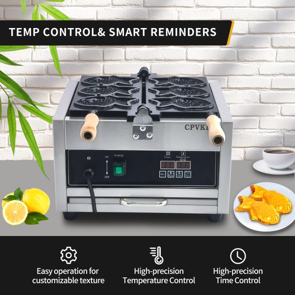 LED Professional Electric 110V Japanese Taiyaki Waffle Iron Machine Non-Stick Teflon Coating Intelligent 3 Pcs Fish Type Snack