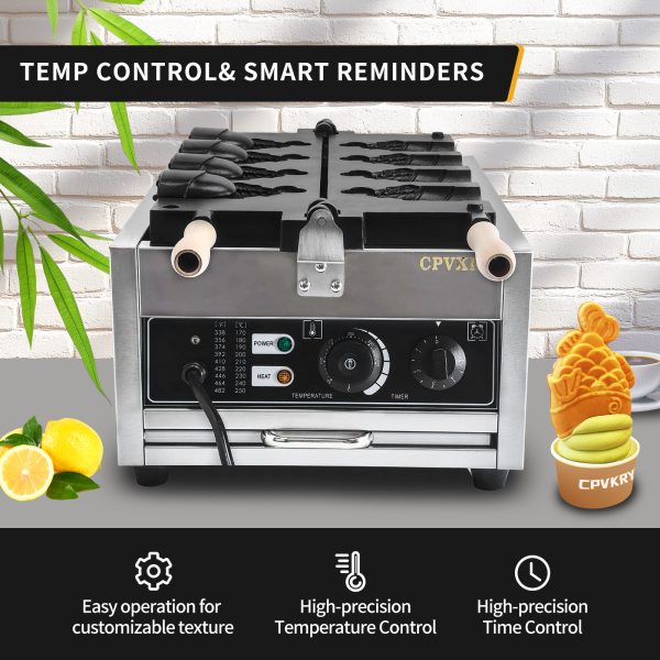 Commercial 2KW Stainless Steel Taiyaki Waffle Maker New Design 4 Fishes & Ice Cream Filling Snack Machine Adjustable Temperature